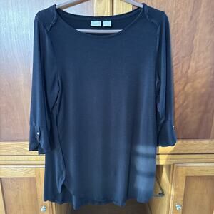 Zenergy by Chicos Scalloped Hem Black Knit Top 3/4 Sleeve With Button Size 1